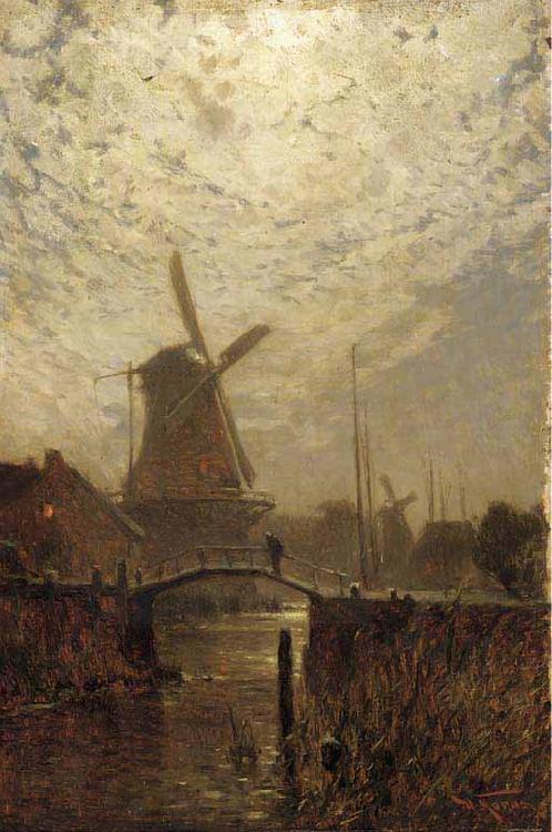 Walter Moras A figure crossing a bridge over a Dutch waterway by moonlight France oil painting art